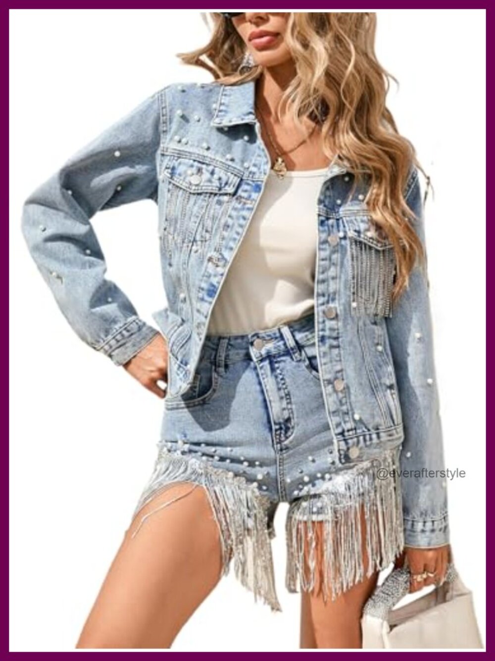 Pearl Tassel Denim Jacket Women Heart Back Fringe Jean Coat